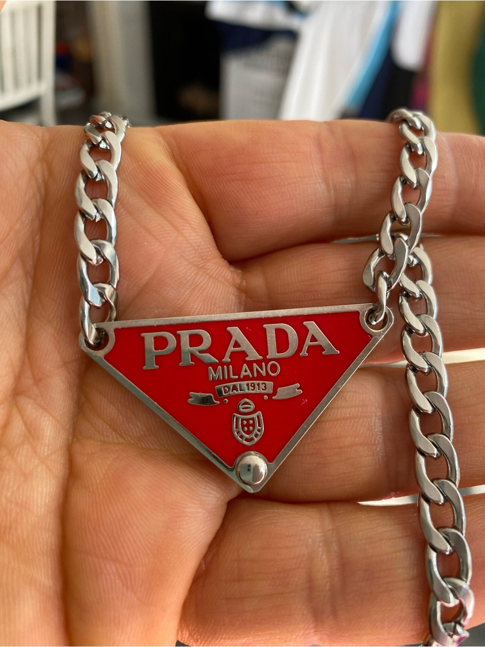 Red Triangle Logo Pendant Necklace - Silver Tone Chain